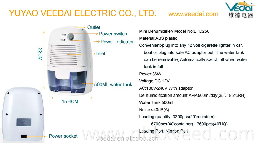 AC/DC No Compressor 500ml Mini Car Dehumidifier